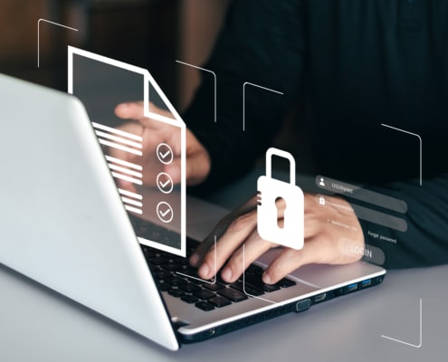person typing on a computer with a lock graphic and document graphic overlay